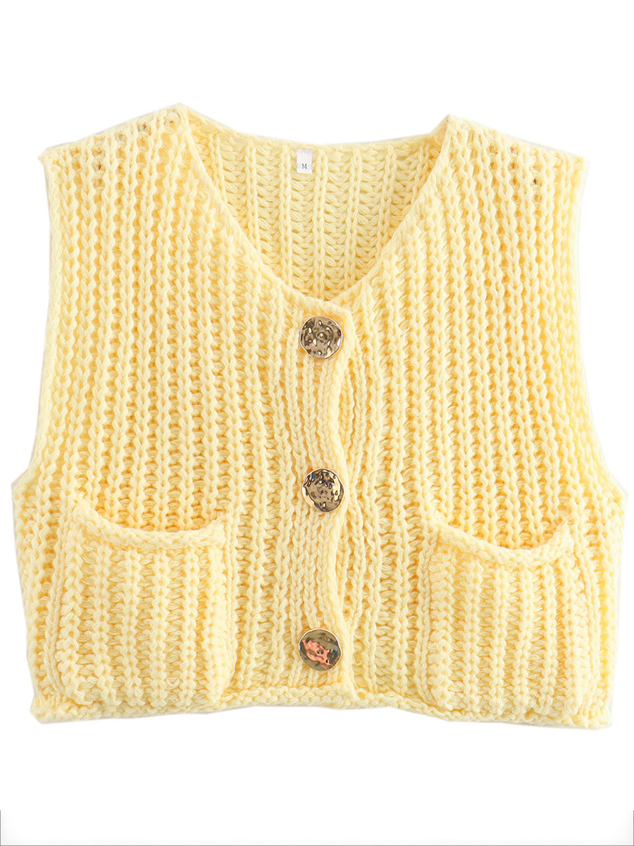 Knit Button-Detail Pocket Sleeveless Cardigan