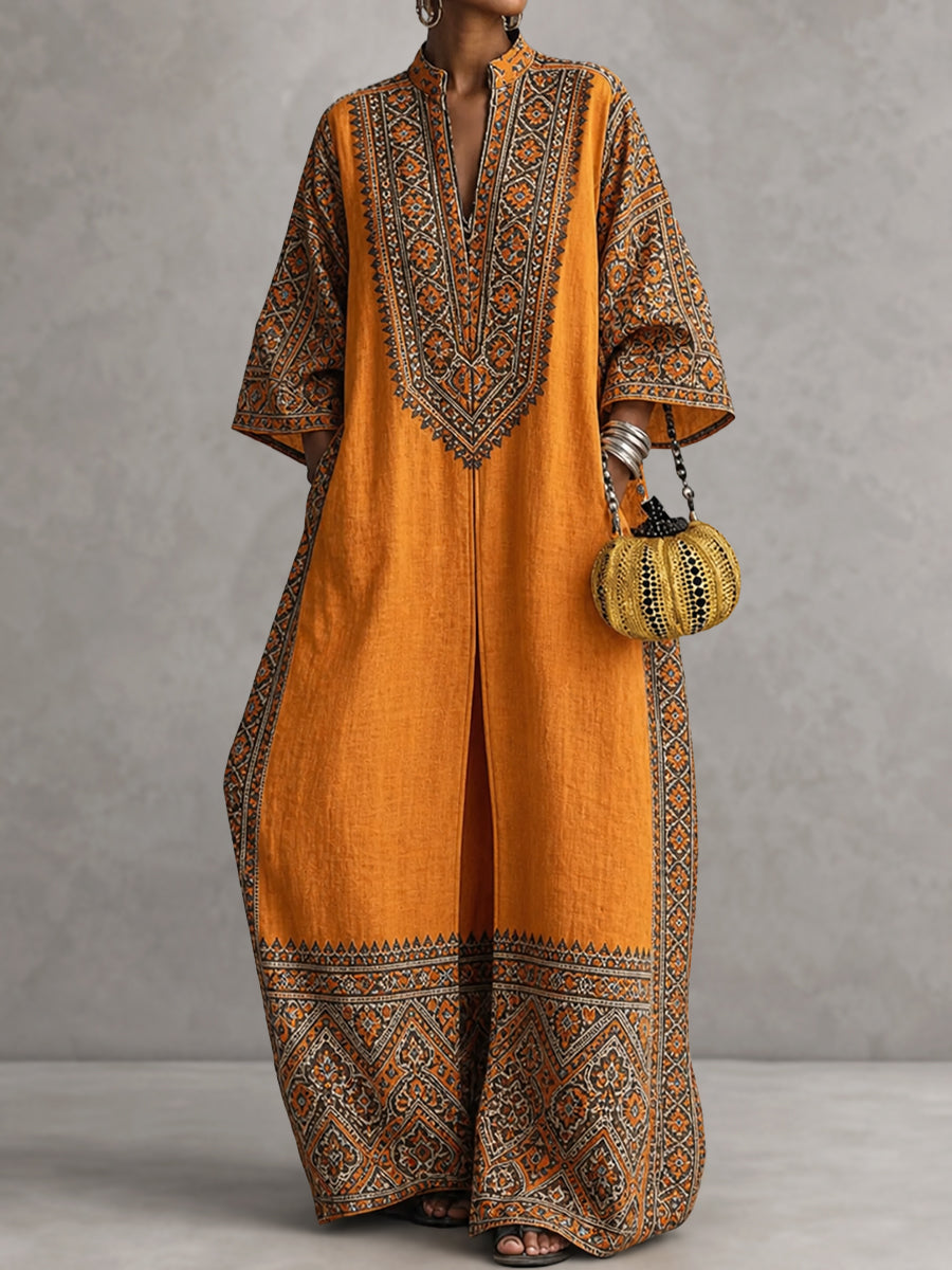 Printed V-Neck Pocket Three-Quarter Sleeve Jumpsuit