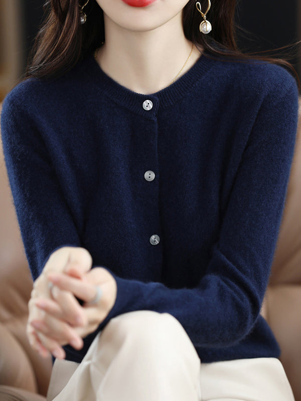 Knit Round-Neck Button-Detail Long-Sleeve Cardigan