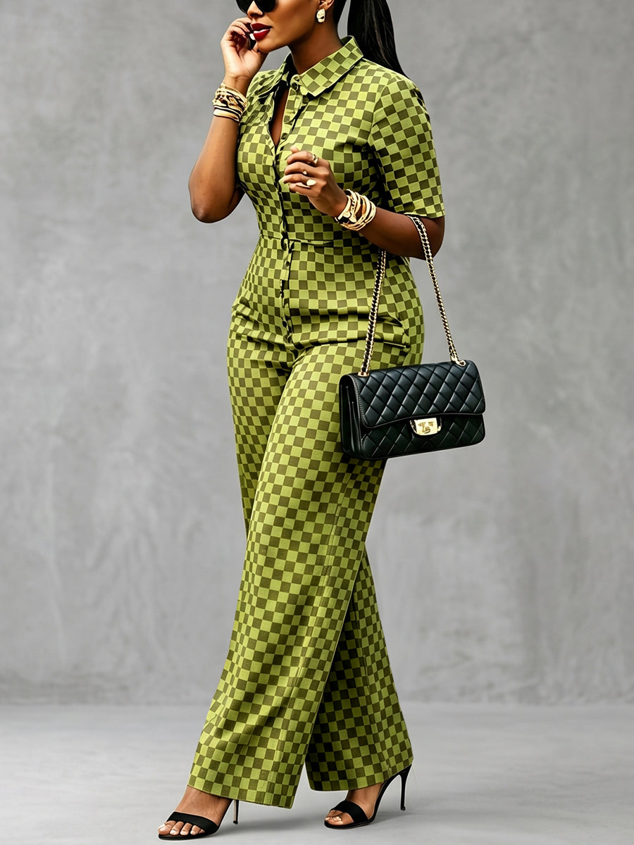 Wide-Leg Button-Detail Contrast Jumpsuit