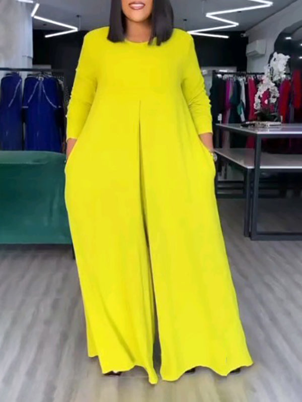 Wide-Leg Round-Neck Pocket Relaxed Jumpsuit