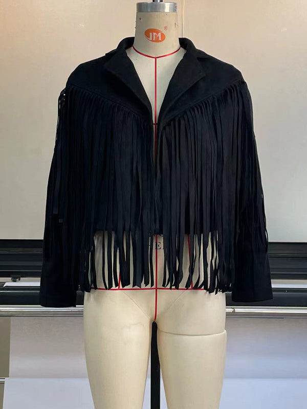 Notch-Collar Fringe Long-Sleeve Jacket