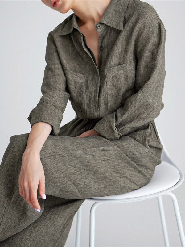 Linen Wide-Leg Drawstring Long-Sleeve Jumpsuit