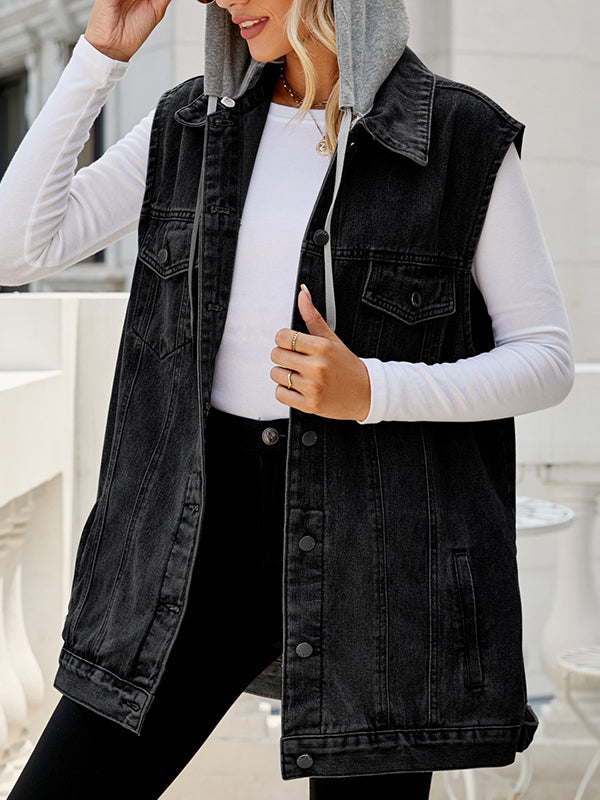 Hooded Drawstring Button-Detail Pocket Vest