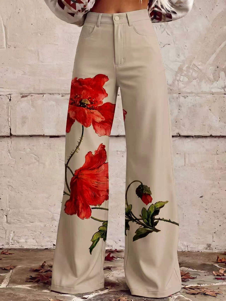 Floral High-Waist Plus Size Button-Detail Pants