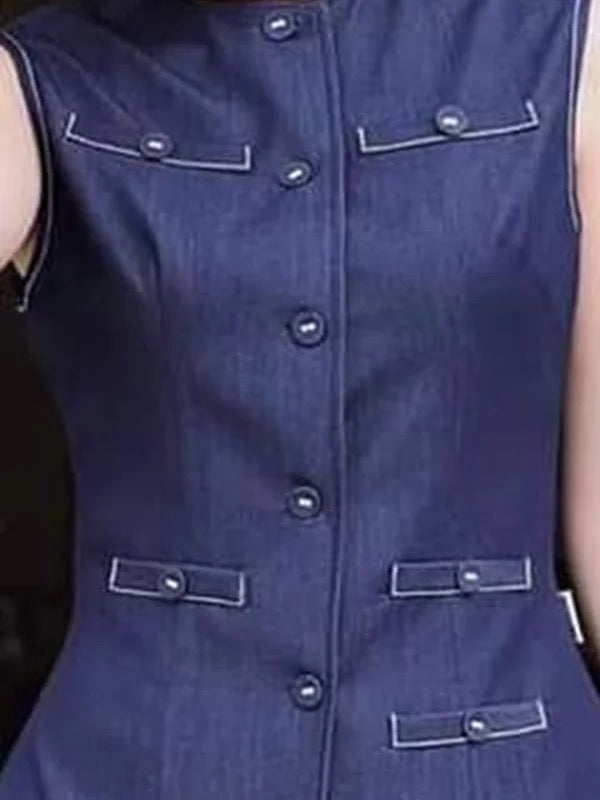 Round-Neck Button-Detail Pocket Sleeveless Vest