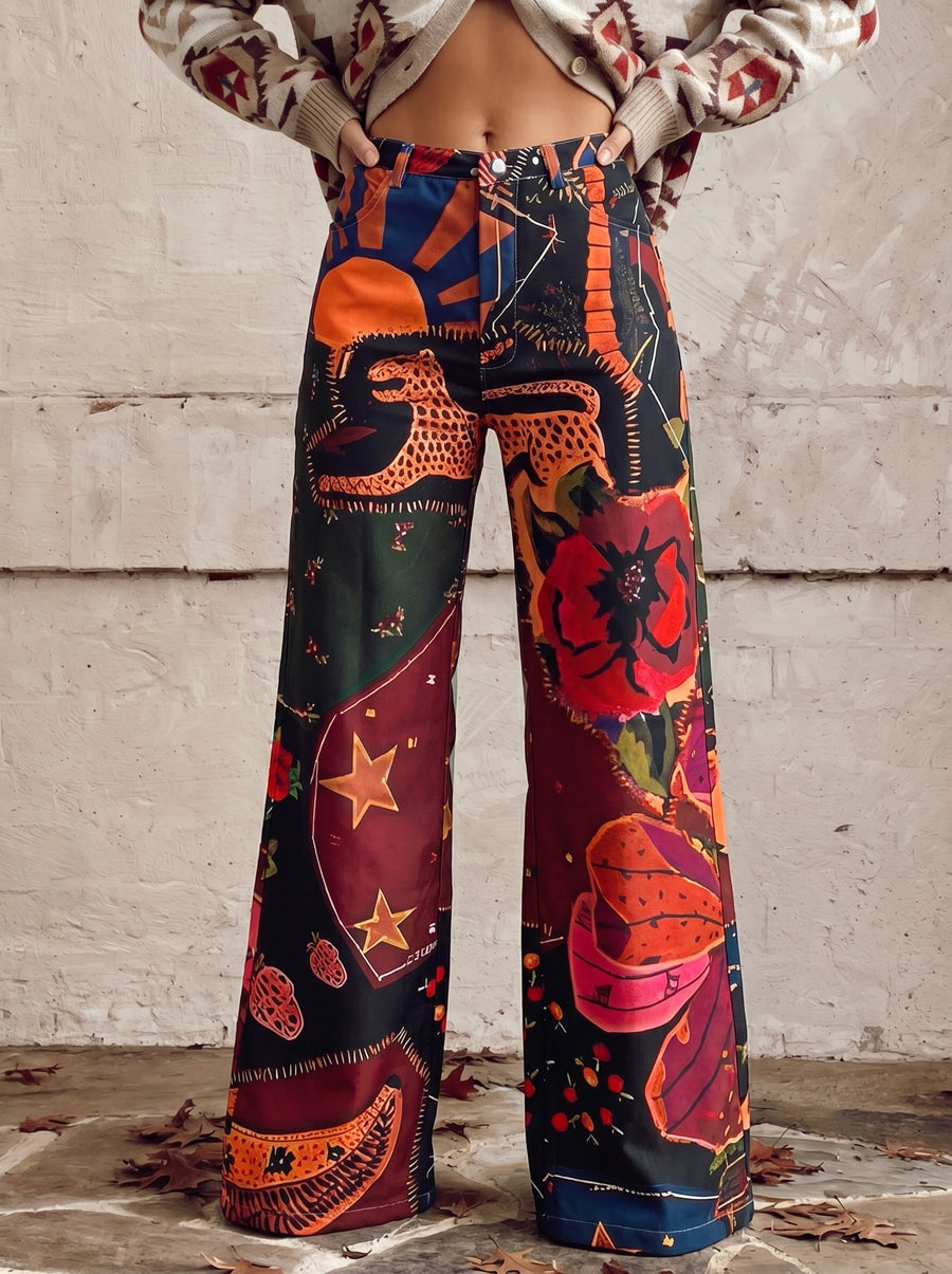 Printed High-Waist Plus Size Button-Detail Pants