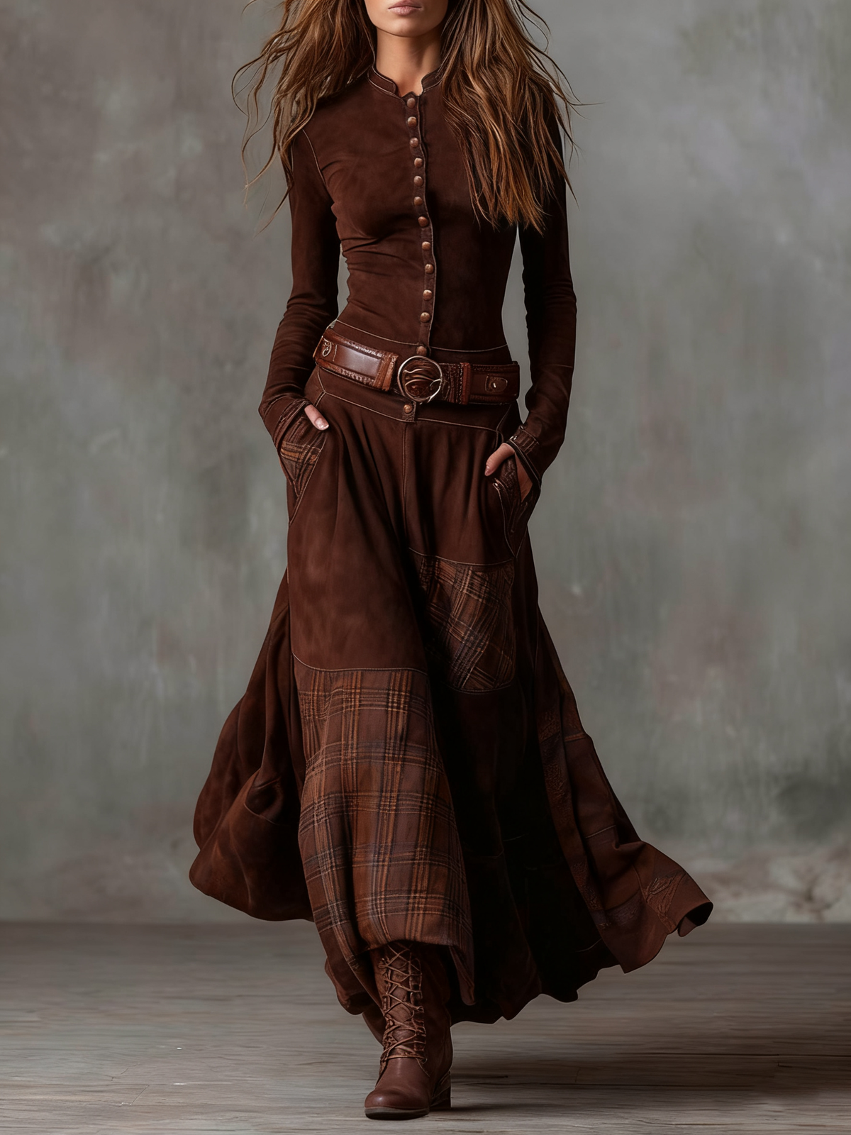 Natasha | Vintage Plaid Suede Maxi Dress