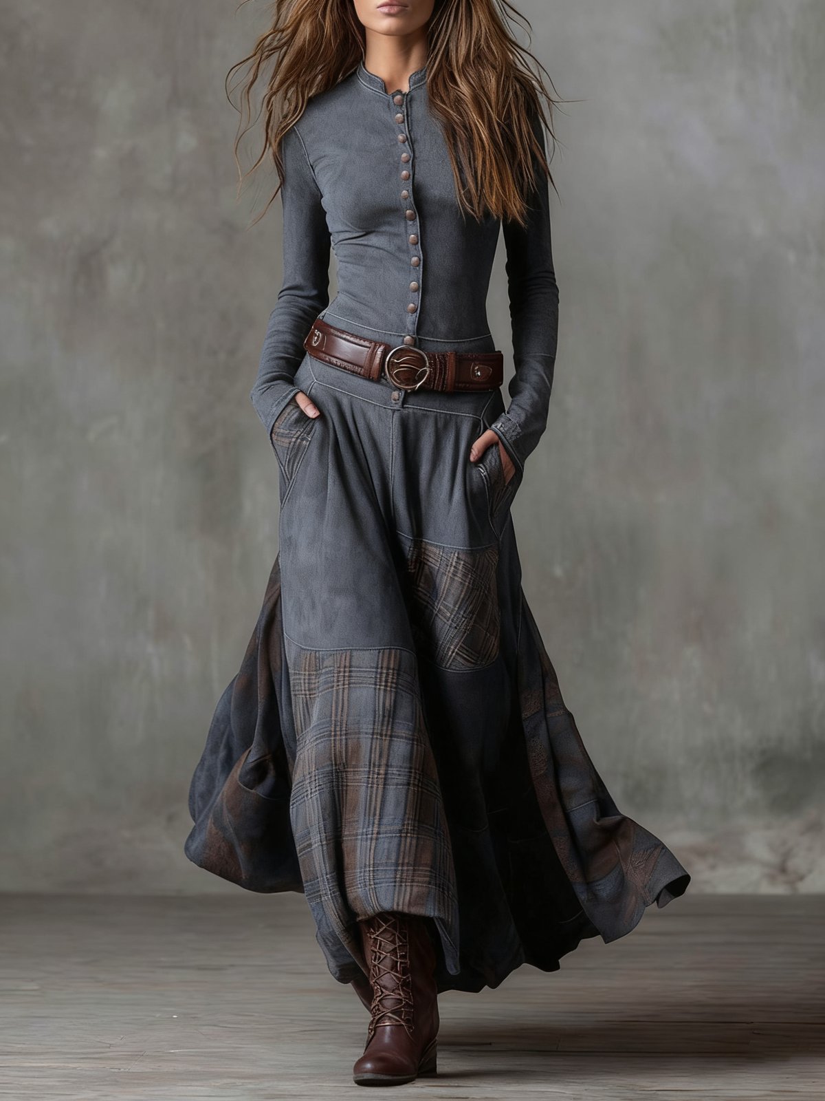 Natasha | Vintage Plaid Suede Maxi Dress