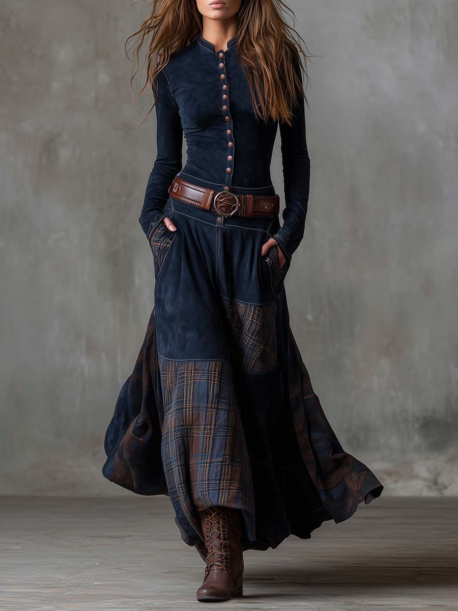 Natasha | Vintage Plaid Suede Maxi Dress