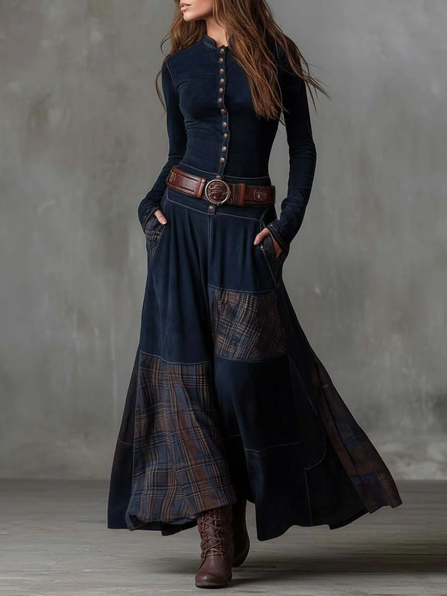 Natasha | Vintage Plaid Suede Maxi Dress