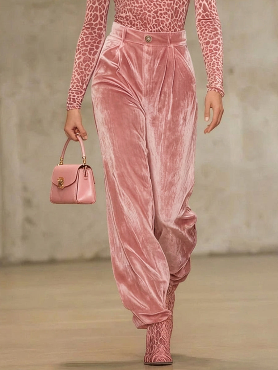Velvet High-Waist Pleated Pocket Pants