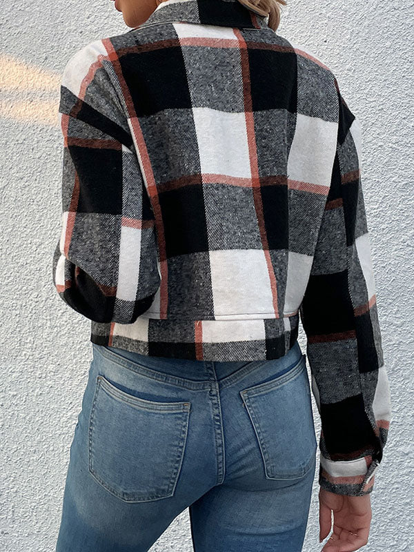 Checked Button-Detail Pocket Long-Sleeve Jacket