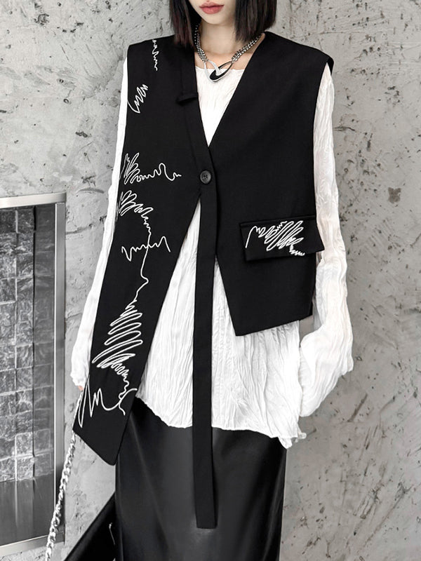 V-Neck Embroidered Asymmetric Button-Detail Vest