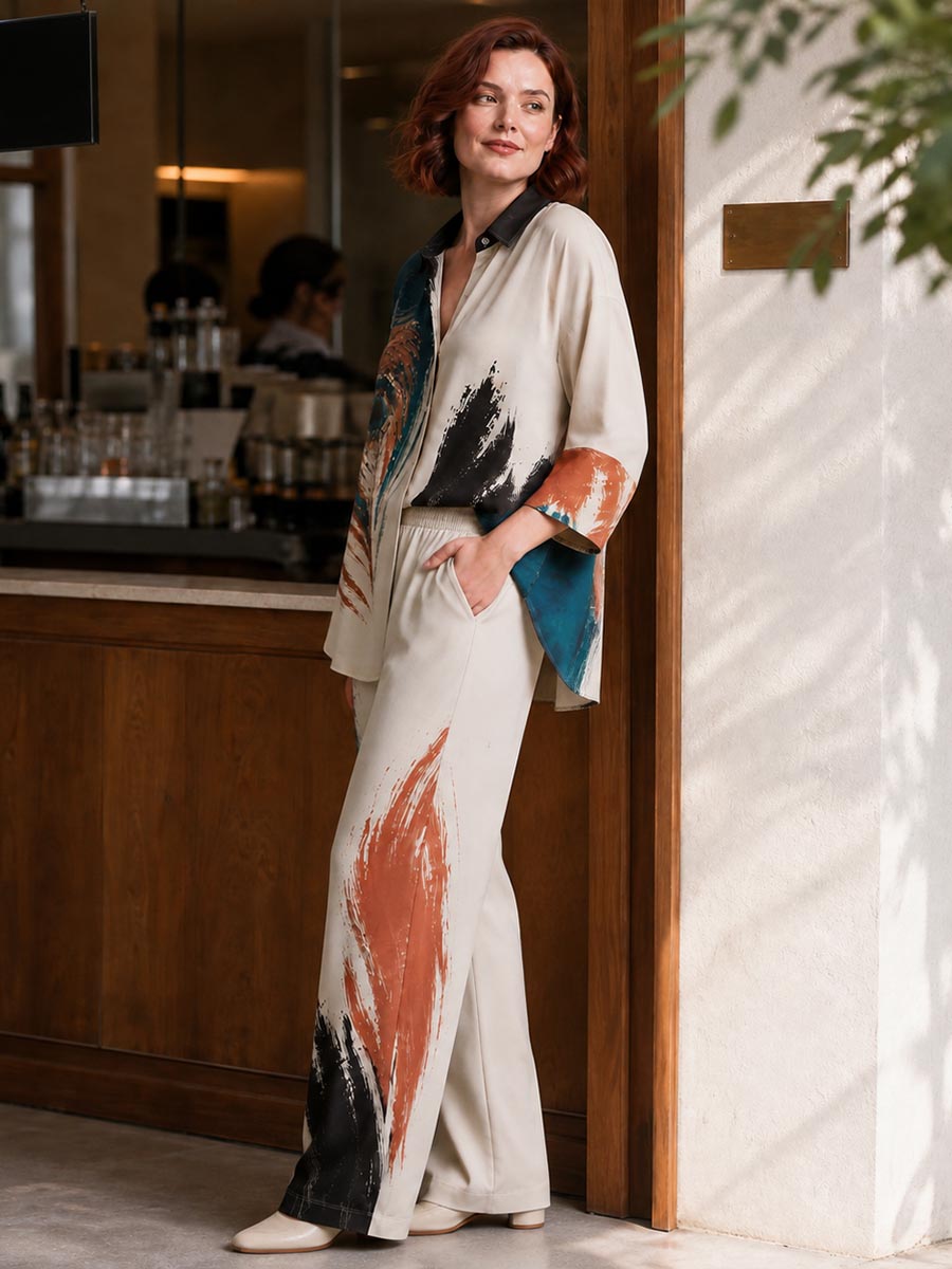 Printed Wide-Leg Pocket Elastic Pants