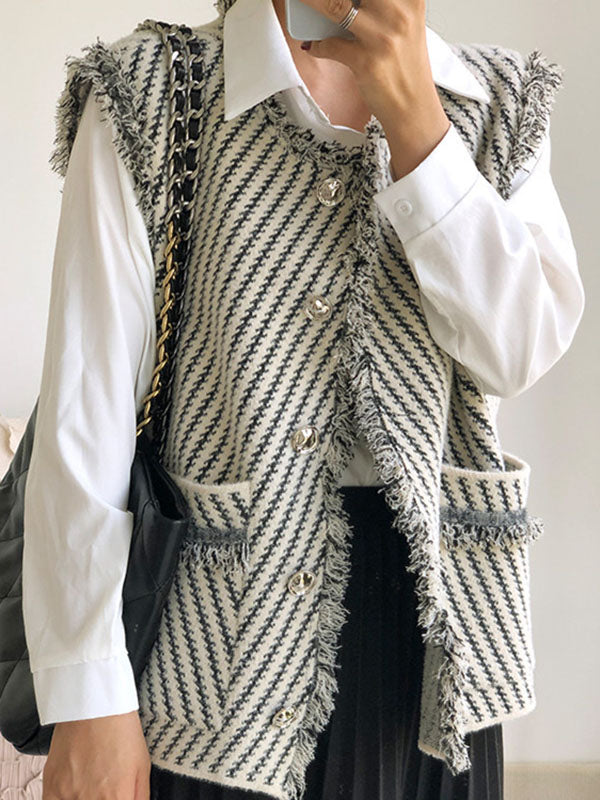 Striped V-Neck Fringe Button-Detail Vest