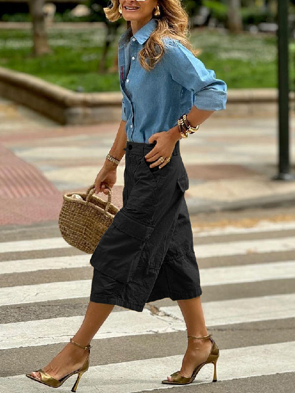 Wide-Leg Cropped Button-Detail Pocket Pants