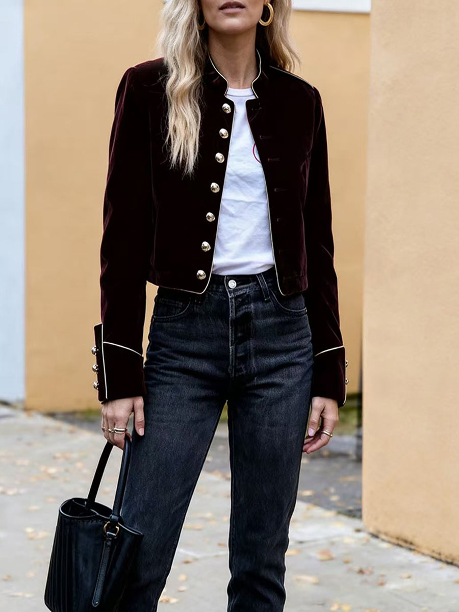 Stand-Collar Button-Detail Long-Sleeve Contrast Jacket