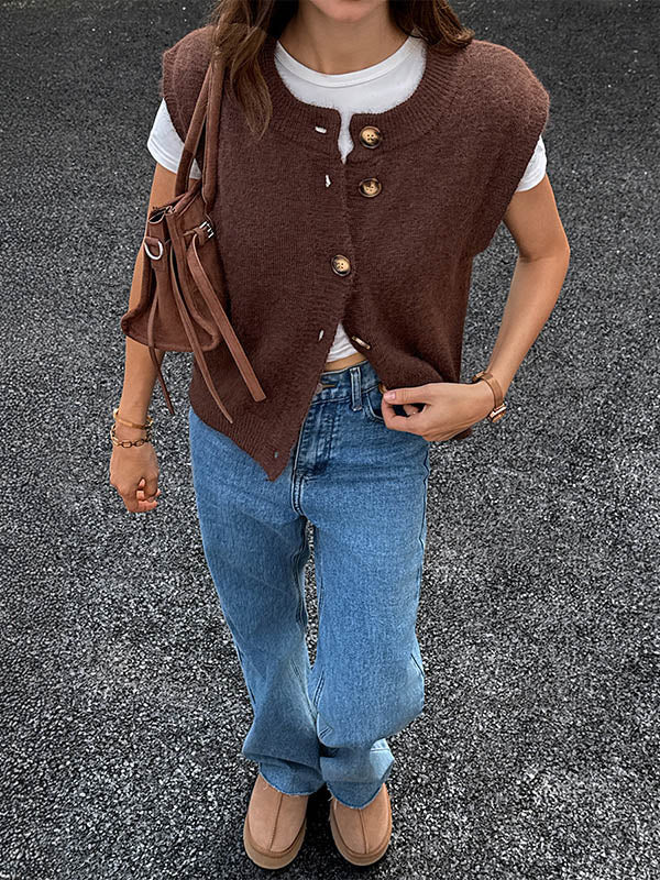 Round-Neck Button-Detail Sleeveless Relaxed Vest