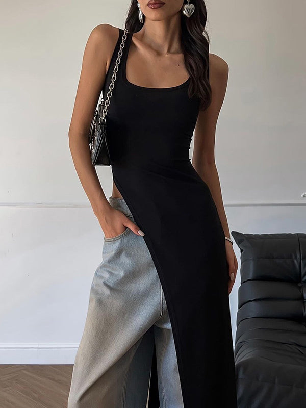 Square-Neck Asymmetric Side-Split Sleeveless Tank Top