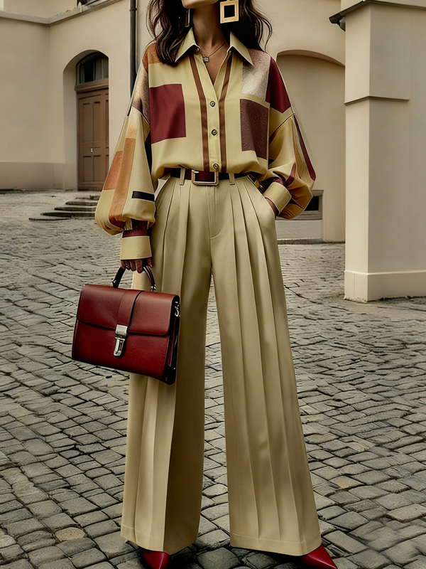 Wide-Leg High-Waist Pleated Pocket Belt