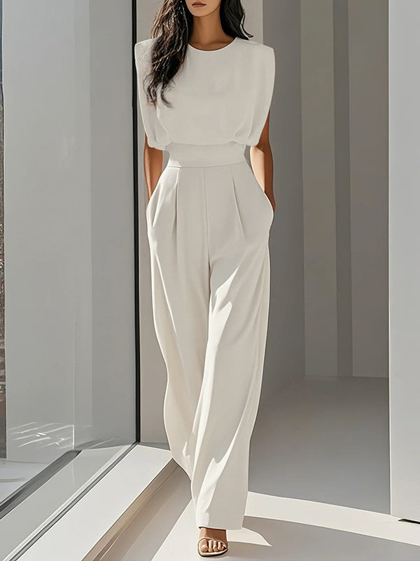 Round-Neck Pleated Relaxed Jumpsuit