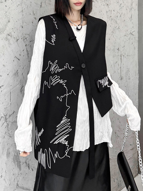 V-Neck Embroidered Asymmetric Button-Detail Vest