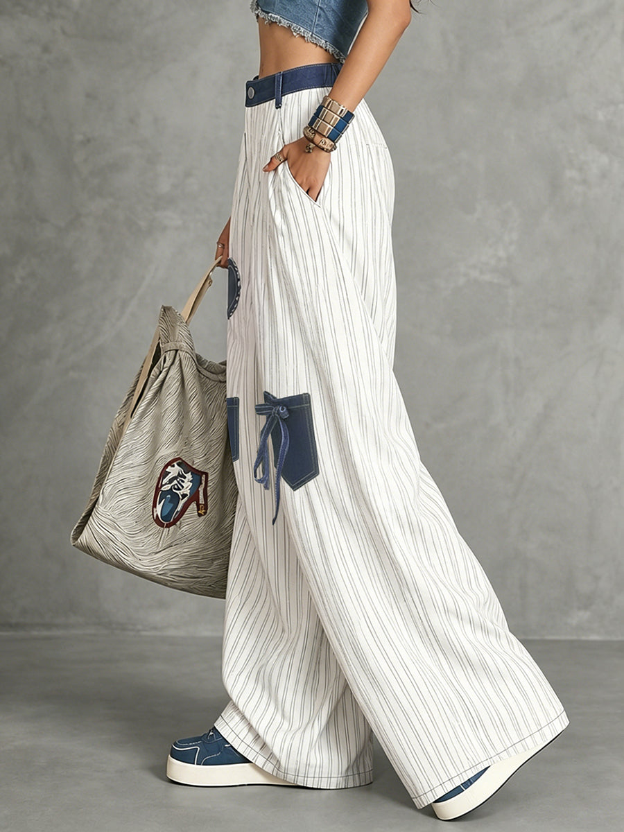 Striped High-Waist Button-Detail Pocket Pants