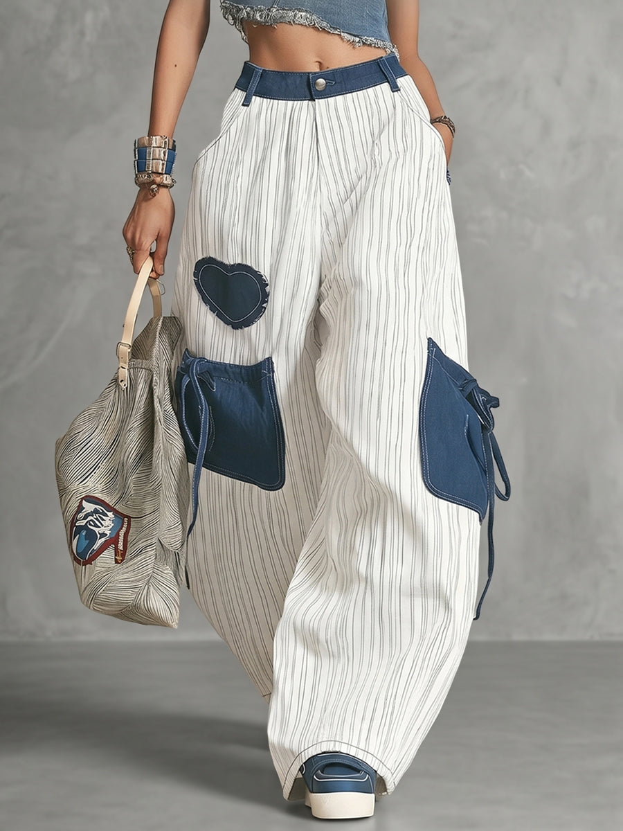Striped High-Waist Button-Detail Pocket Pants