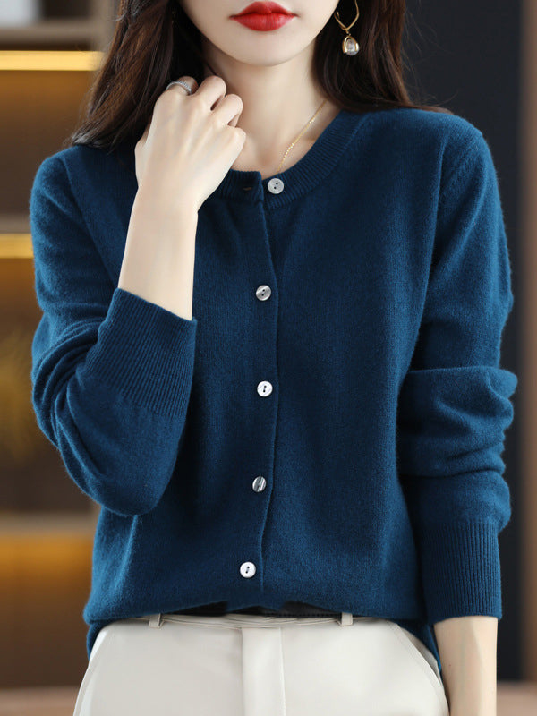 Knit Round-Neck Button-Detail Long-Sleeve Cardigan