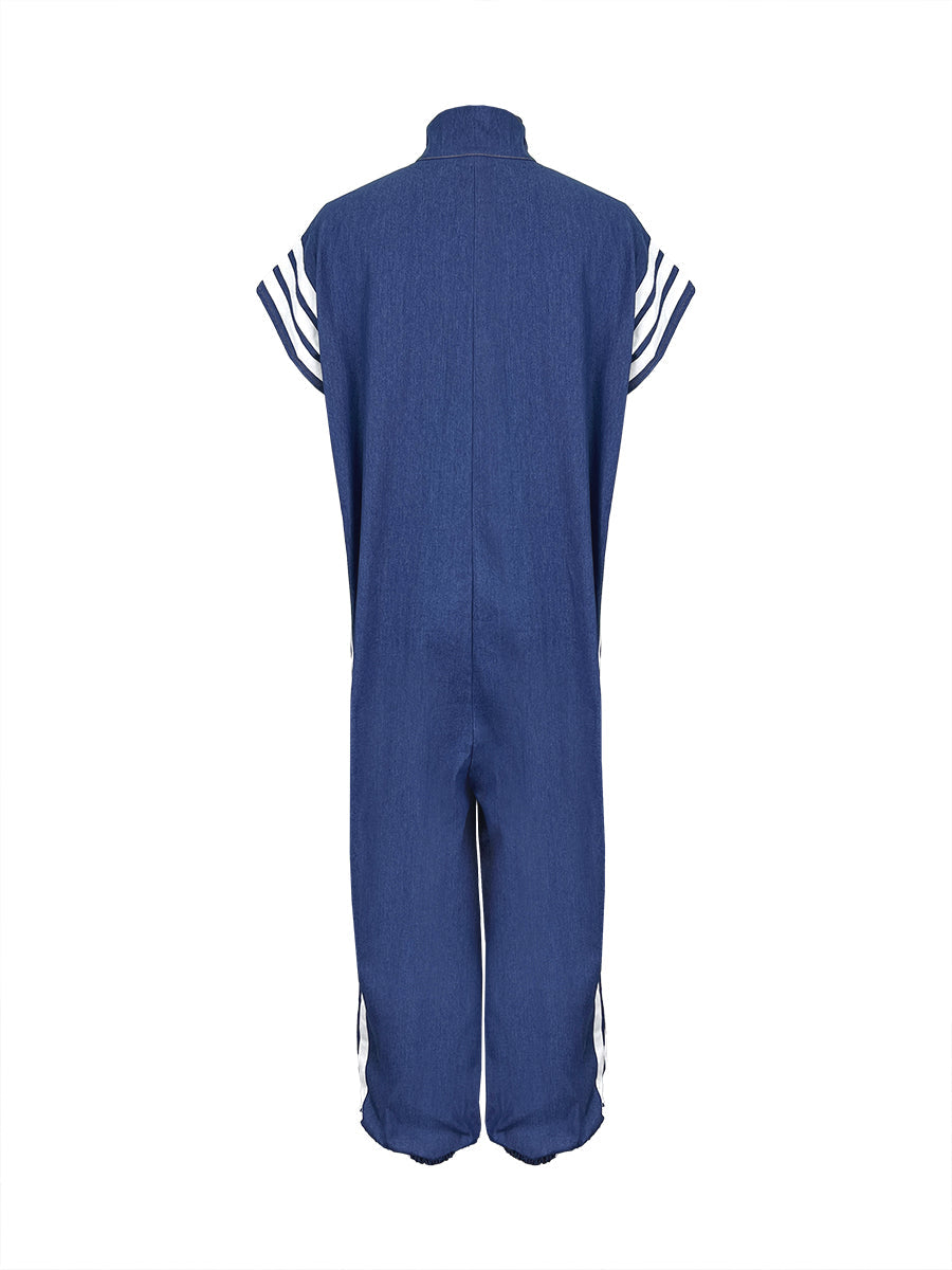 Striped Stand-Collar Zip Pocket Jumpsuit