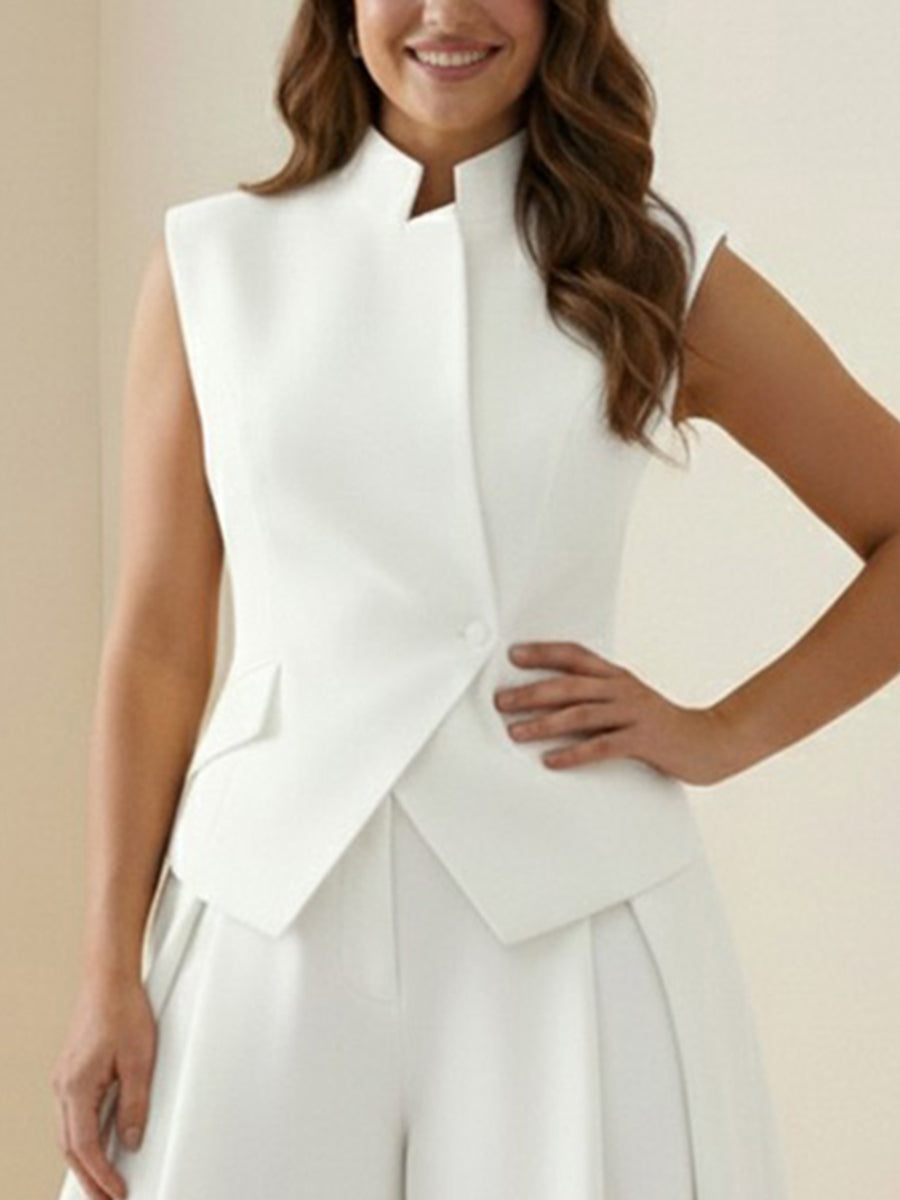 High-Waist Stand-Collar Asymmetric Button-Detail Tank Top
