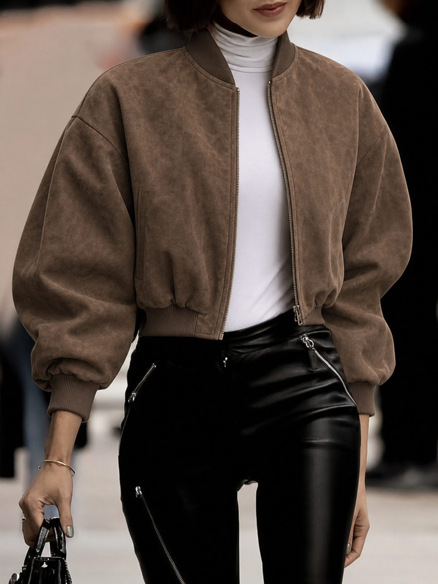Cropped Round-Neck Zip Long-Sleeve Jacket