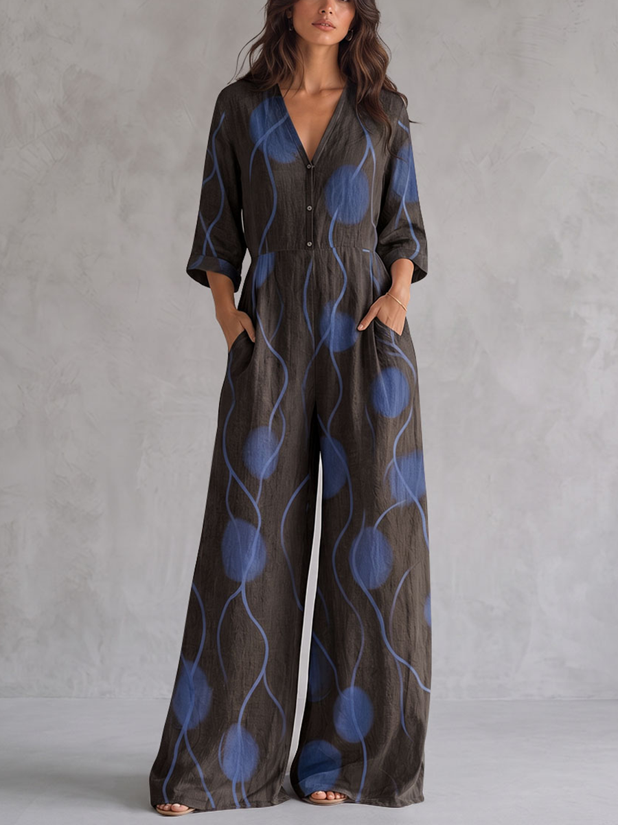 Wide-Leg V-Neck Button-Detail Pocket Jumpsuit