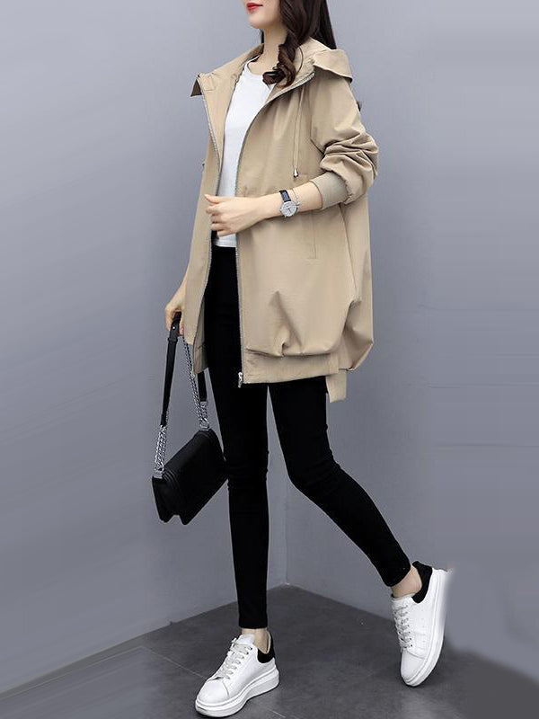 Hooded Pleated Zip Long-Sleeve Jacket