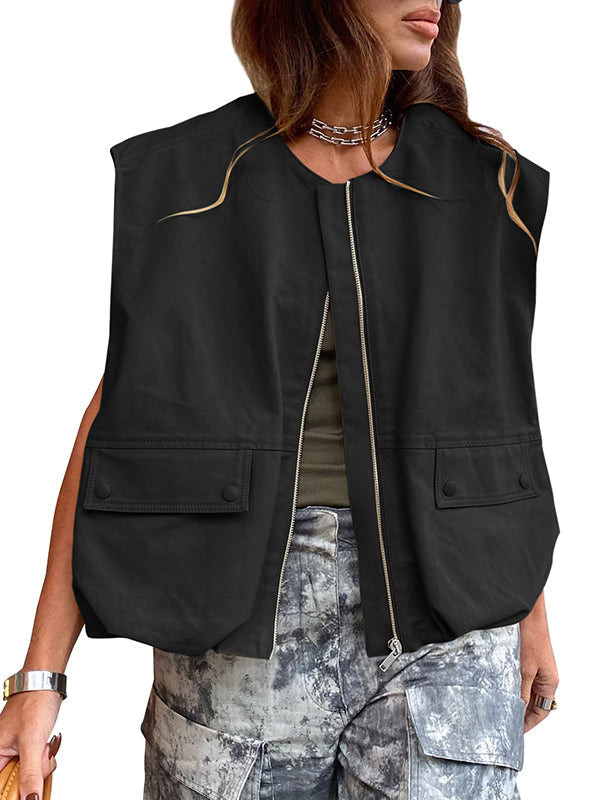 Round-Neck Zip Pocket Sleeveless Vest