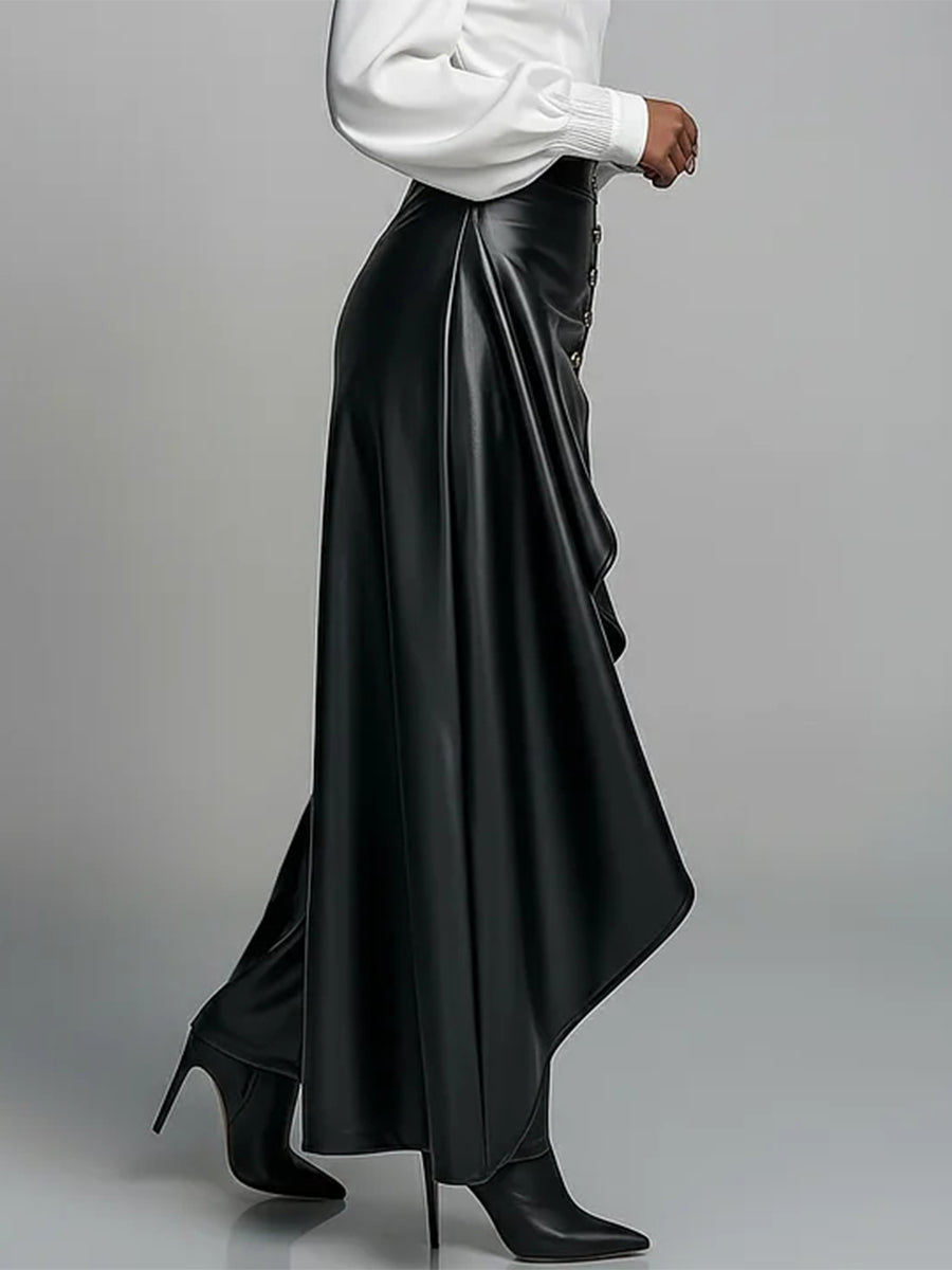 Wide-Leg High-Waist Pleated Button-Detail Pants