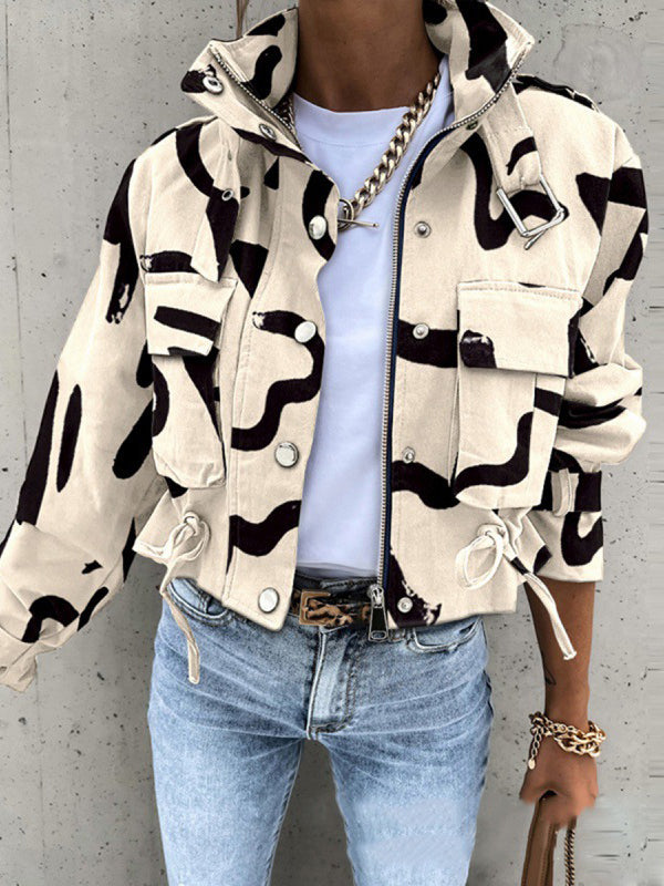 Printed Stand-Collar Drawstring Button-Detail Jacket