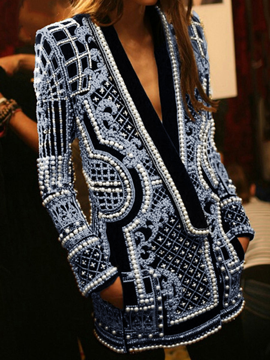 Printed V-Neck Long-Sleeve Relaxed Blazer