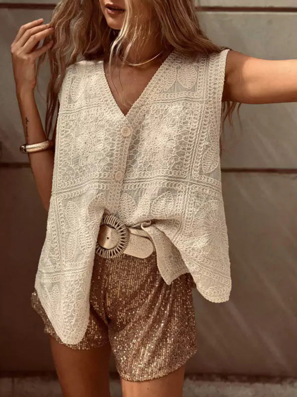 V-Neck Embroidered Button-Detail Sleeveless Vest