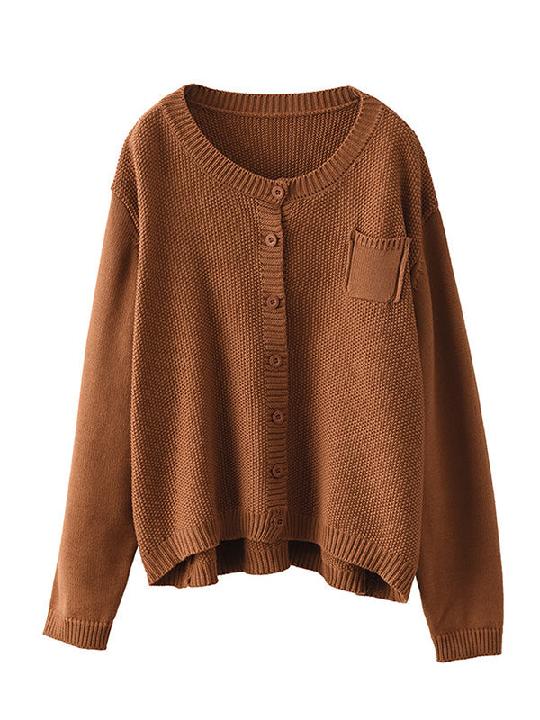 Round-Neck Button-Detail Long-Sleeve Relaxed Cardigan