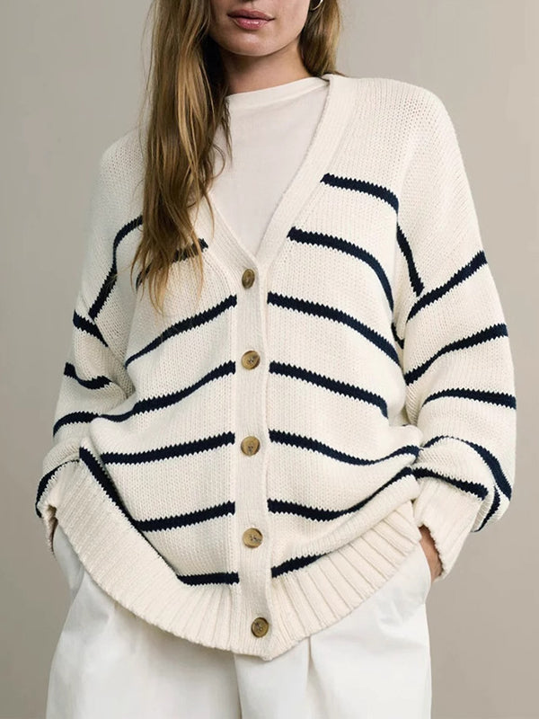 Striped V-Neck Long-Sleeve Relaxed Cardigan