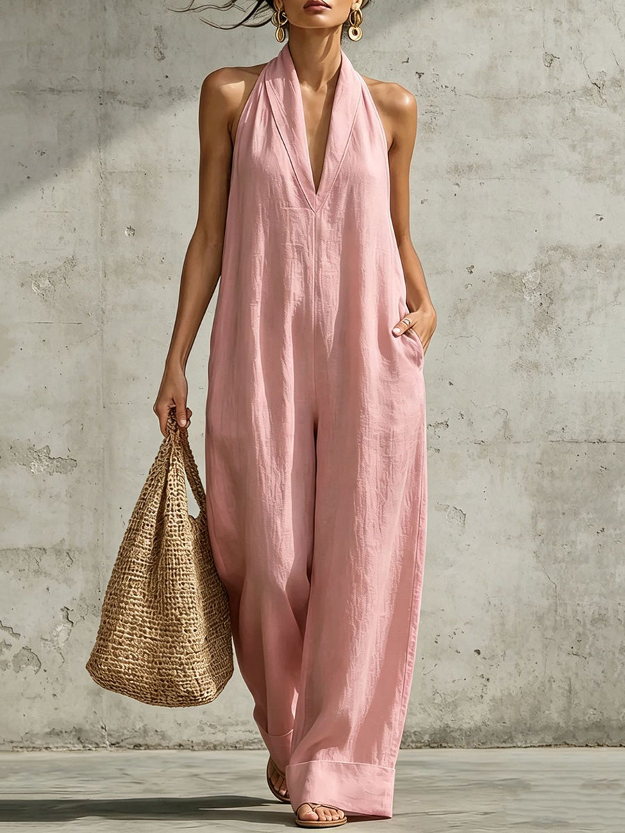 High-Waist V-Neck Pocket Sleeveless Jumpsuit