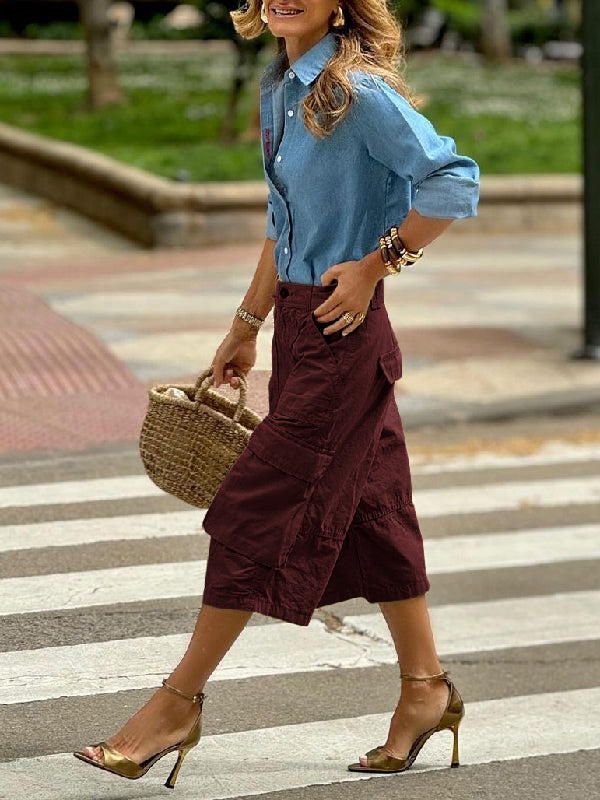 Wide-Leg Cropped Button-Detail Pocket Pants