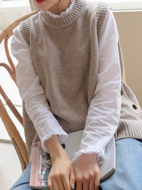Round-Neck Button-Detail Sleeveless Relaxed Vest