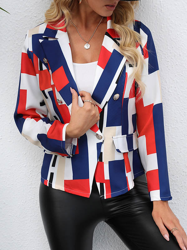 Printed Notch-Collar Button-Detail Pocket Blazer
