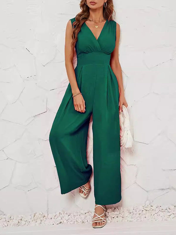 V-Neck Pleated Sleeveless Relaxed Jumpsuit