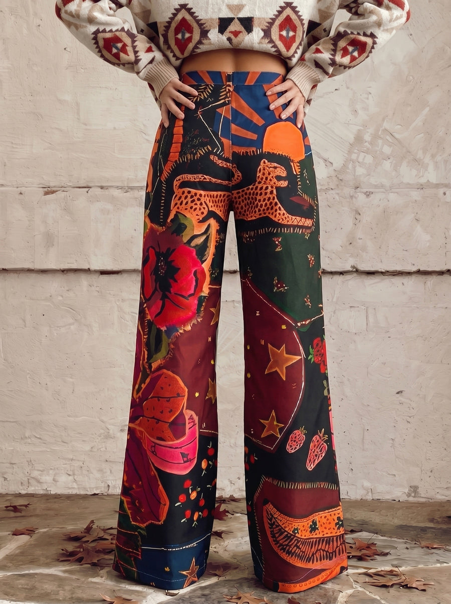 Printed High-Waist Plus Size Button-Detail Pants
