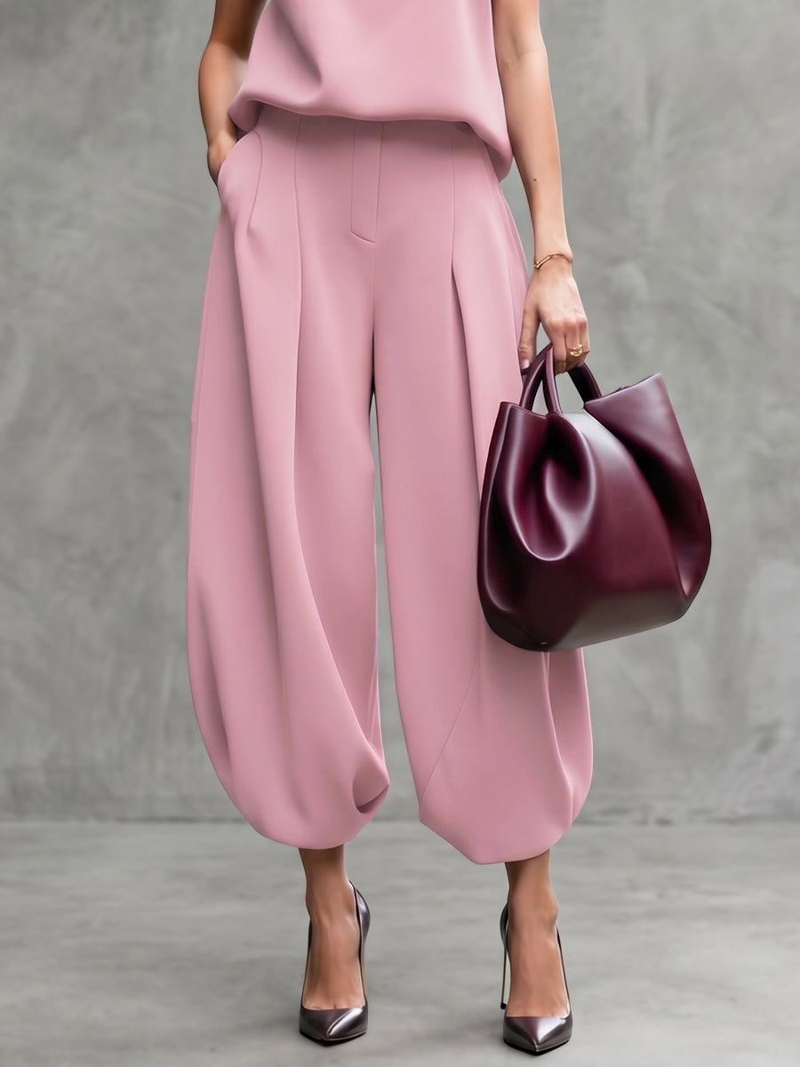 High-Waist Cropped Pleated Pocket Pants