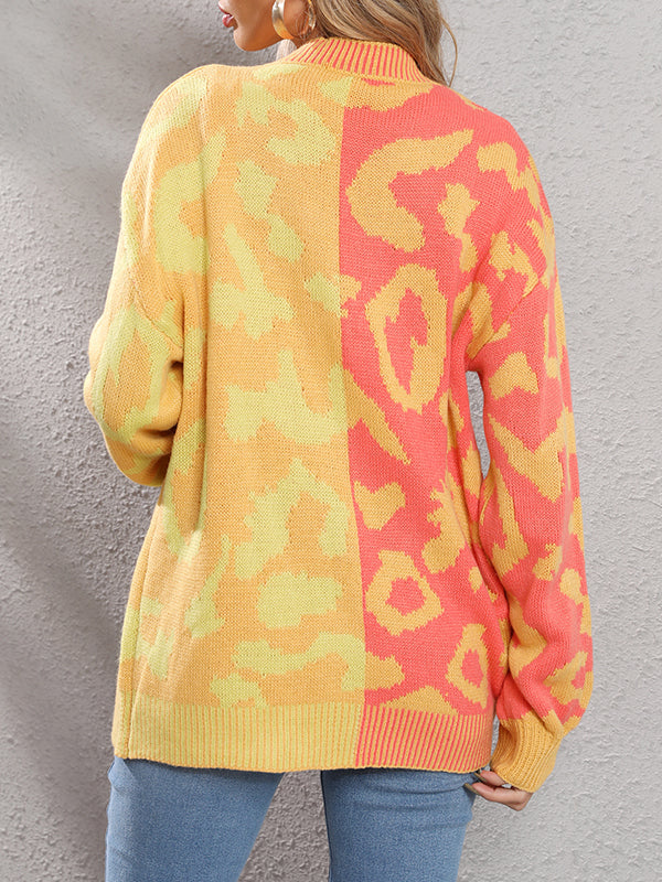 Leopard Print V-Neck Button-Detail Long-Sleeve Cardigan